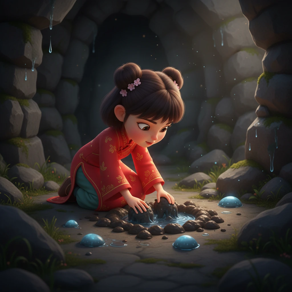 莉莉小心翼翼地走进石洞，发现了一个被淤泥堵塞的泉眼。泉水几乎不再流动，只有几颗微弱发光的蓝色小石头散落在泉边。她用小手温柔地清理着淤泥，希望泉水能再次涌出。