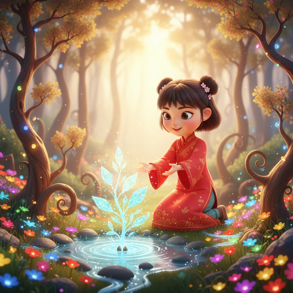 随着莉莉的努力，泉眼渐渐被清理干净。突然，一颗闪耀着微光的种子从淤泥中浮现，它在泉水的滋润下迅速长大，绽放出耀眼的光芒。紧接着，清澈的泉水汩汩而出，欢快地流淌开来。