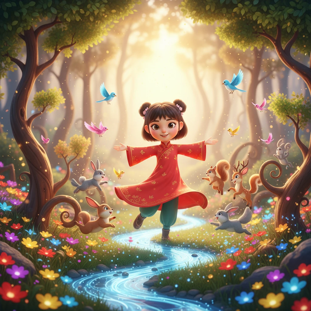 魔法泉水重新涌出，迅速流向森林的每一个角落。枯黄的树叶重新变得翠绿，花朵再次绽放，小溪欢快地歌唱。小动物们围着莉莉跳跃欢呼，整个森林都充满了生机和喜悦。