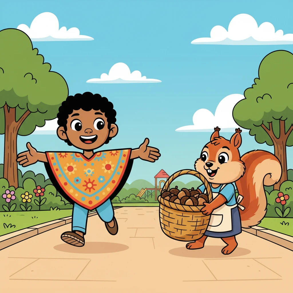 Un día soleado, Amable se dirigía al parque cuando vio a la señora Ardilla, que luchaba por subir una pesada cesta de bellotas. Sin dudarlo, Amable corrió a ayudarla. Con una sonrisa, juntos lograron llevar la cesta hasta su destino.