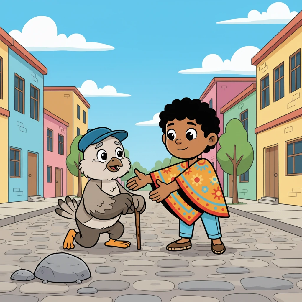 Mientras caminaba por la calle, Amable notó a un anciano Pájaro que tropezaba con una piedra. Rápidamente, Amable lo ayudó a levantarse y se aseguró de que estuviera bien. El anciano Pájaro le agradeció con una gran sonrisa.
