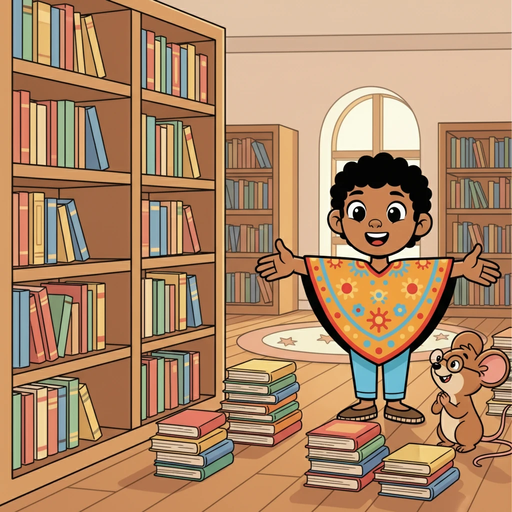 En la biblioteca, Amable encontró a la pequeña Ratita que no sabía dónde guardar sus libros. Amable le mostró cómo organizar los libros por colores y tamaños. La Ratita, agradecida, le sonrió y le dio las gracias.