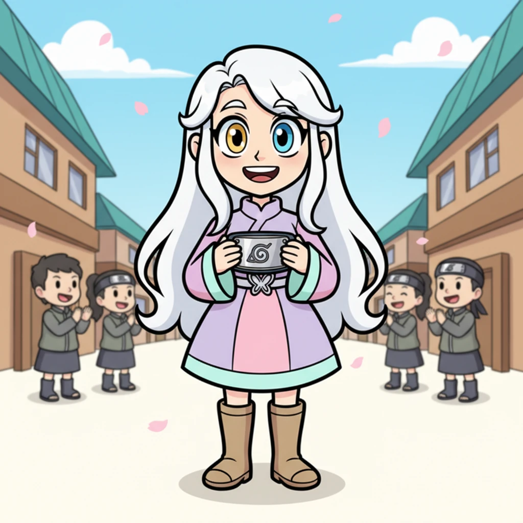 A bright-eyed Hotaru, barely twelve, stood beaming at the Ninja Academy graduation ceremony. Her long white hair flowed around her, and her unique blue and green eyes sparkled with pride as she clutched her new forehead protector, ready for her next big adventure.