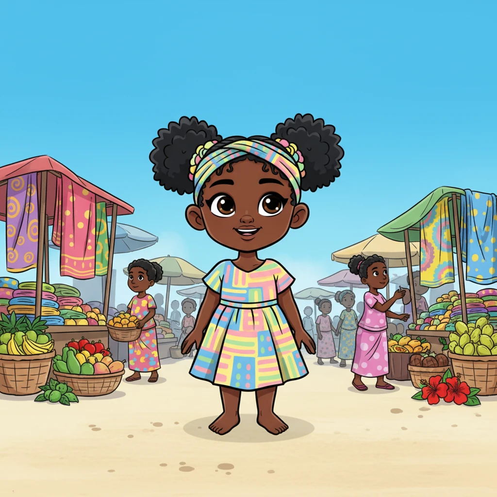 Amina, a lively Nigerian girl, stands in front of a bustling Lagos street market, her eyes sparkling with big dreams. Brightly colored fabrics and fresh fruits are piled high around her, reflecting the vibrant energy of her home city. She gazes up at the sky, a thoughtful expression on her face, imagining all the possibilities beyond her everyday world.
