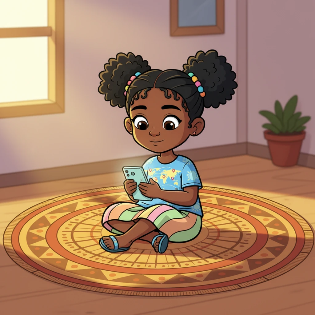Close-up on Amina's small, slightly worn smartphone, glowing softly in her hands as she sits comfortably on a woven mat. The screen displays a map of the world, highlighting various distant cities, hinting at her yearning for connection. Sunlight streams through a nearby window, casting a warm glow on her focused face.
