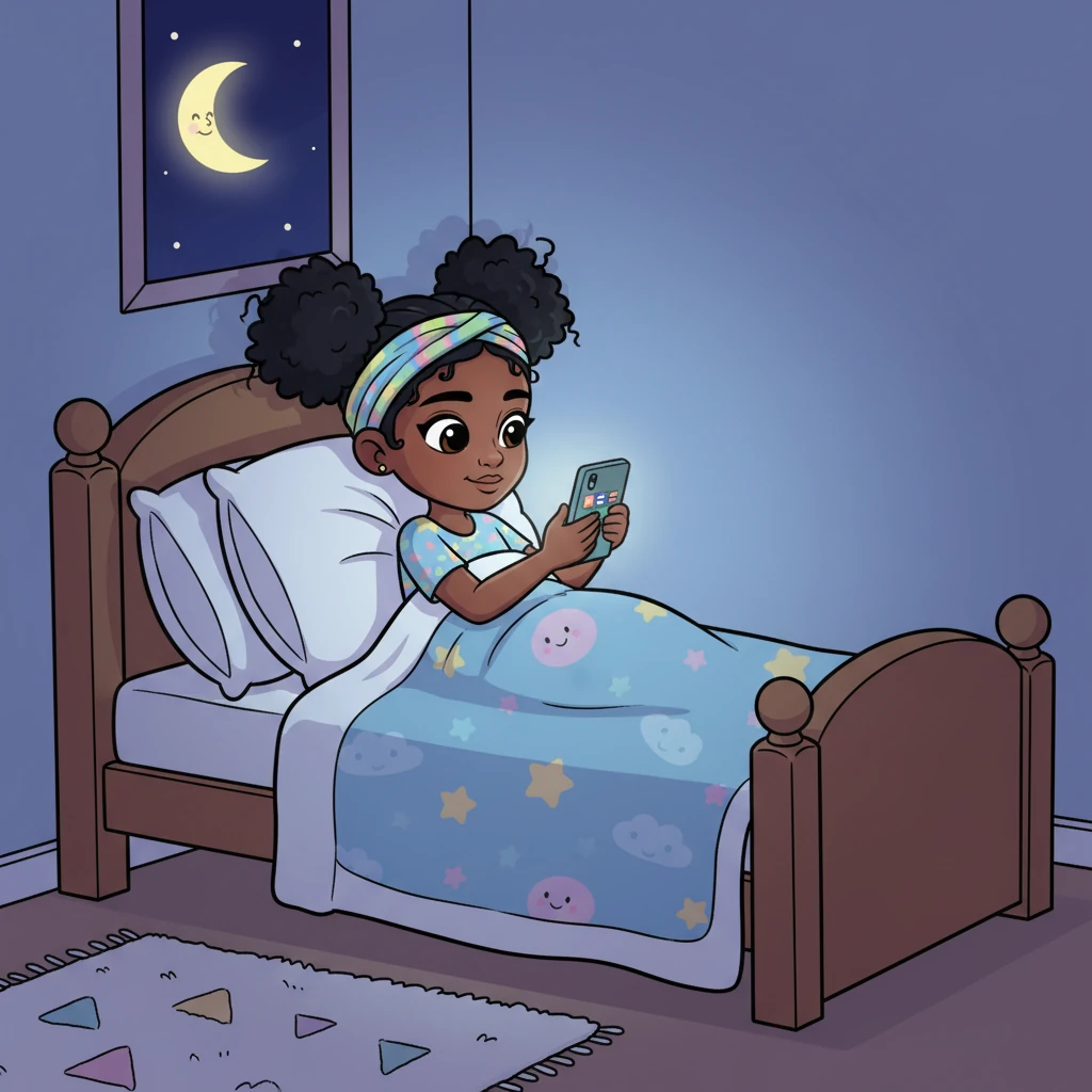 The sun has set, and Amina is curled up on her bed, a cozy blanket draped over her, the room lit by the soft glow of her phone. She's scrolling through various social media feeds, her thumb moving rhythmically across the screen. Playful patterns adorn her bedspread, and a small, smiling moon peeks from her window.