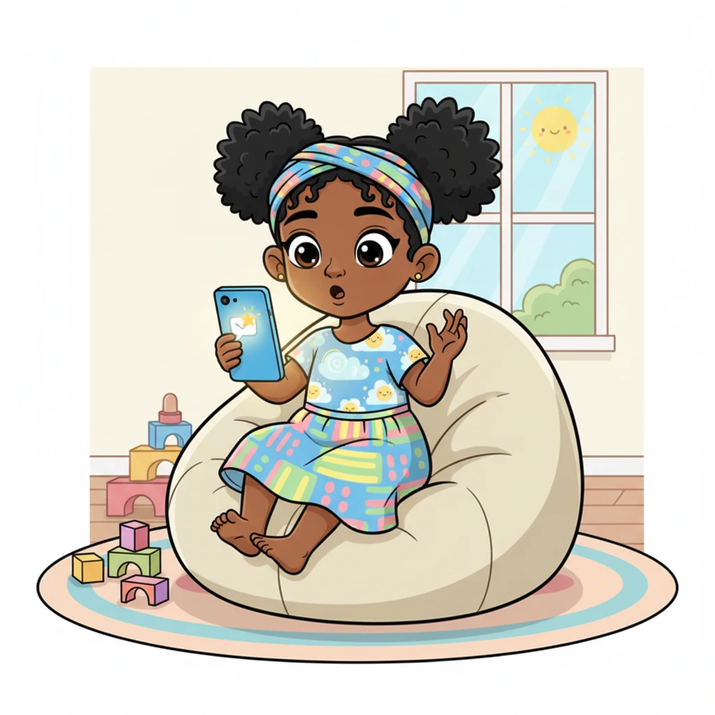 Suddenly, a notification pops up on Amina's phone screen, a small message icon blinking brightly. Her eyes widen slightly in surprise and curiosity as she pauses her scrolling. The background of her phone screen could be a whimsical pattern or a dream-like landscape.