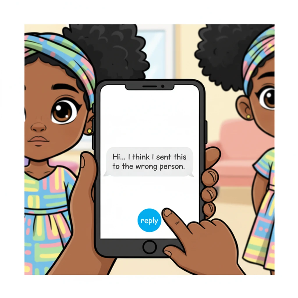 A close-up of the phone screen showing the message bubble: "Hi… I think I sent this to the wrong person." The text is simple and slightly sheepish, contrasted with Amina's thumb hovering over the reply button. Her expression is a mix of confusion and amusement.