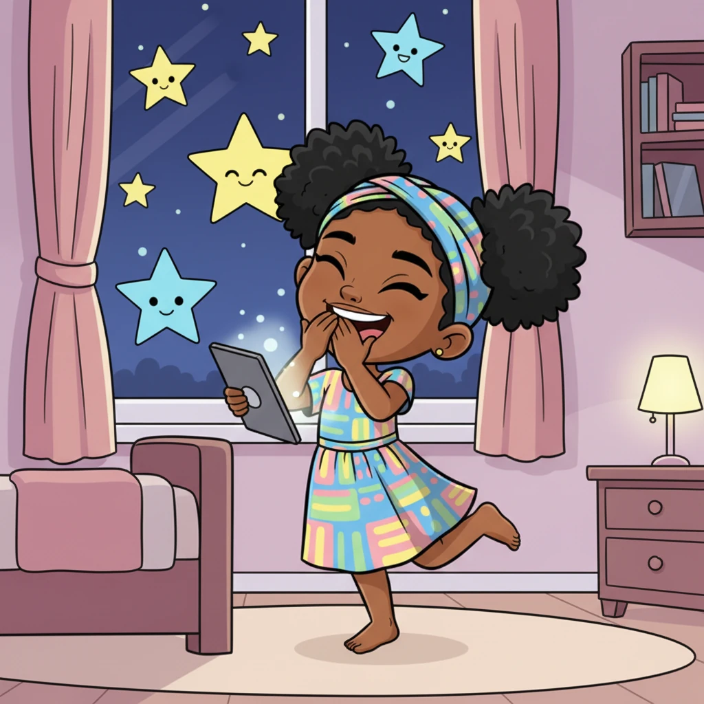 Amina throws her head back, a wide, joyful laugh bubbling up from her as she reads the message again. Her eyes are crinkled at the corners, and her body is animated with mirth, perhaps a playful leg kick or a hand covering her mouth. Bright, cheerful stars twinkle outside her window.