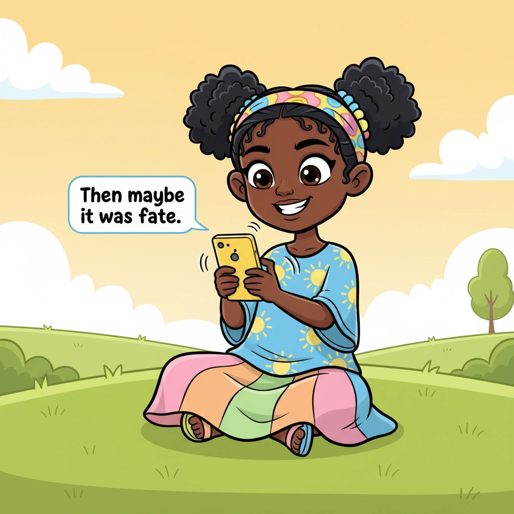 Amina's fingers fly across the tiny keyboard of her phone, typing out her witty reply. Her face is now mischievous and confident, a spark of adventure in her eyes. The message bubble on the screen now shows her typed response: "Then maybe it was fate."