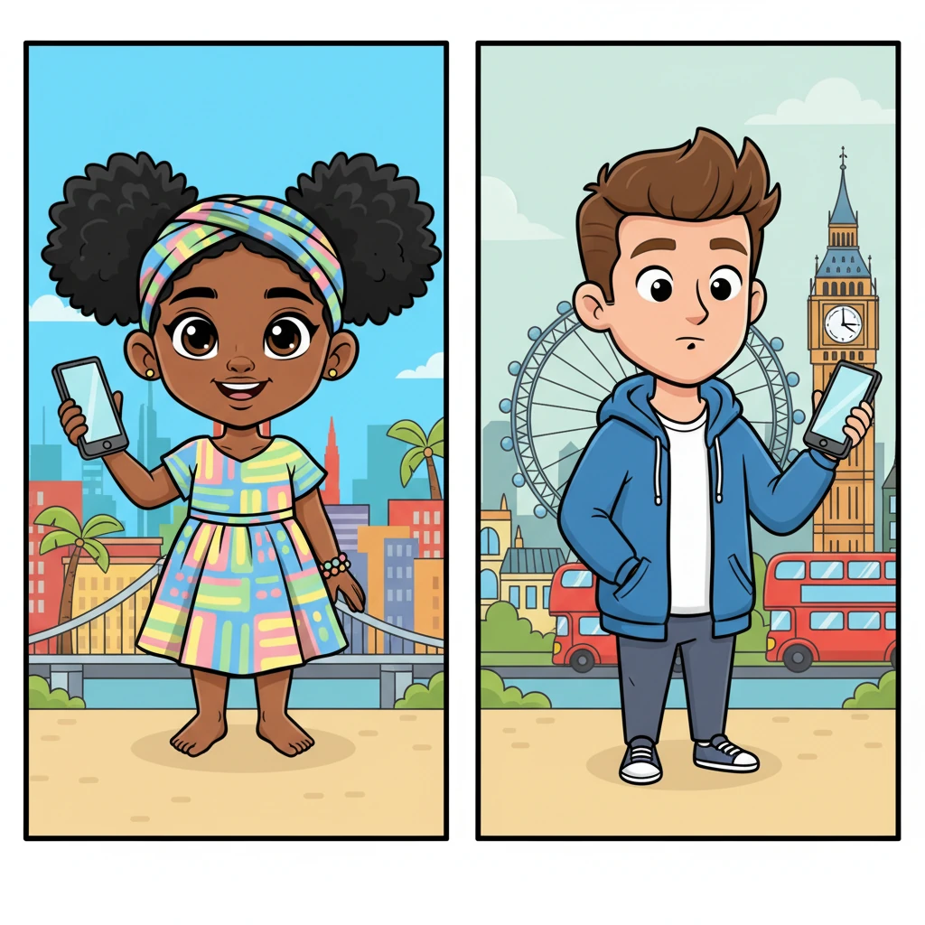 A split illustration showing Amina in Lagos and Ethan in London. On one side, Amina smiles brightly, her phone still in hand, with a vibrant Lagos skyline in the background. On the other side, a young man with a friendly face, Ethan, holds his phone, a slightly surprised but intrigued expression on his face, with iconic London landmarks visible behind him.