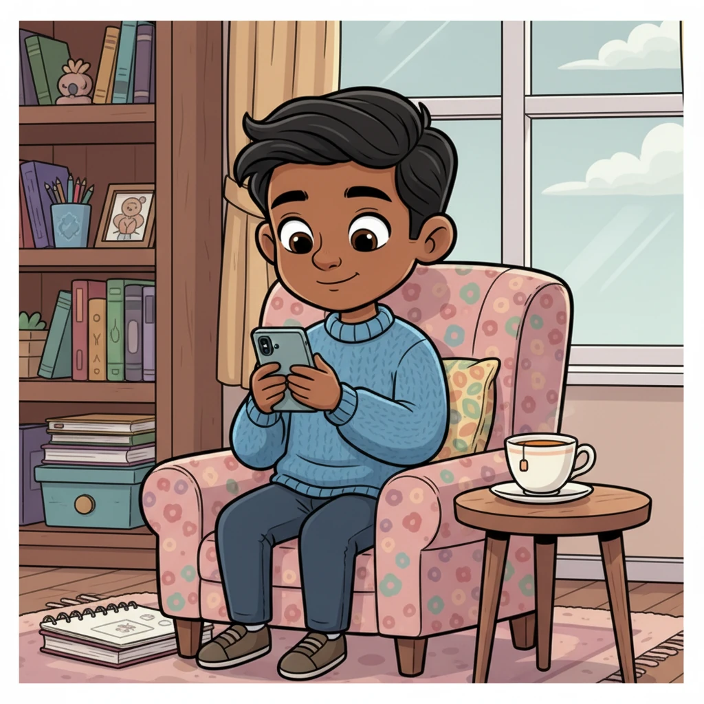 Close-up on Ethan, who is sitting in a cozy, slightly cluttered London room, his phone held up as he reads Amina's reply. His expression is thoughtful and a little bit charmed, a small smile playing on his lips. A cup of tea sits on a nearby table, and a window shows a typically English, slightly overcast sky.