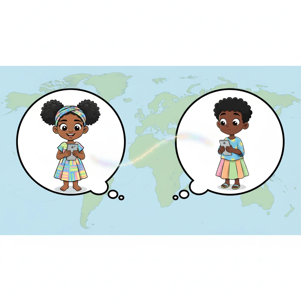 Amina and Ethan are shown in separate thought bubbles, connected by a shimmering, invisible thread of light that stretches across the globe. Amina looks hopeful and excited, while Ethan looks curious and eager, both gazing at their phones. The world map is subtly visible beneath them, signifying their connection across continents, ready for a new adventure.