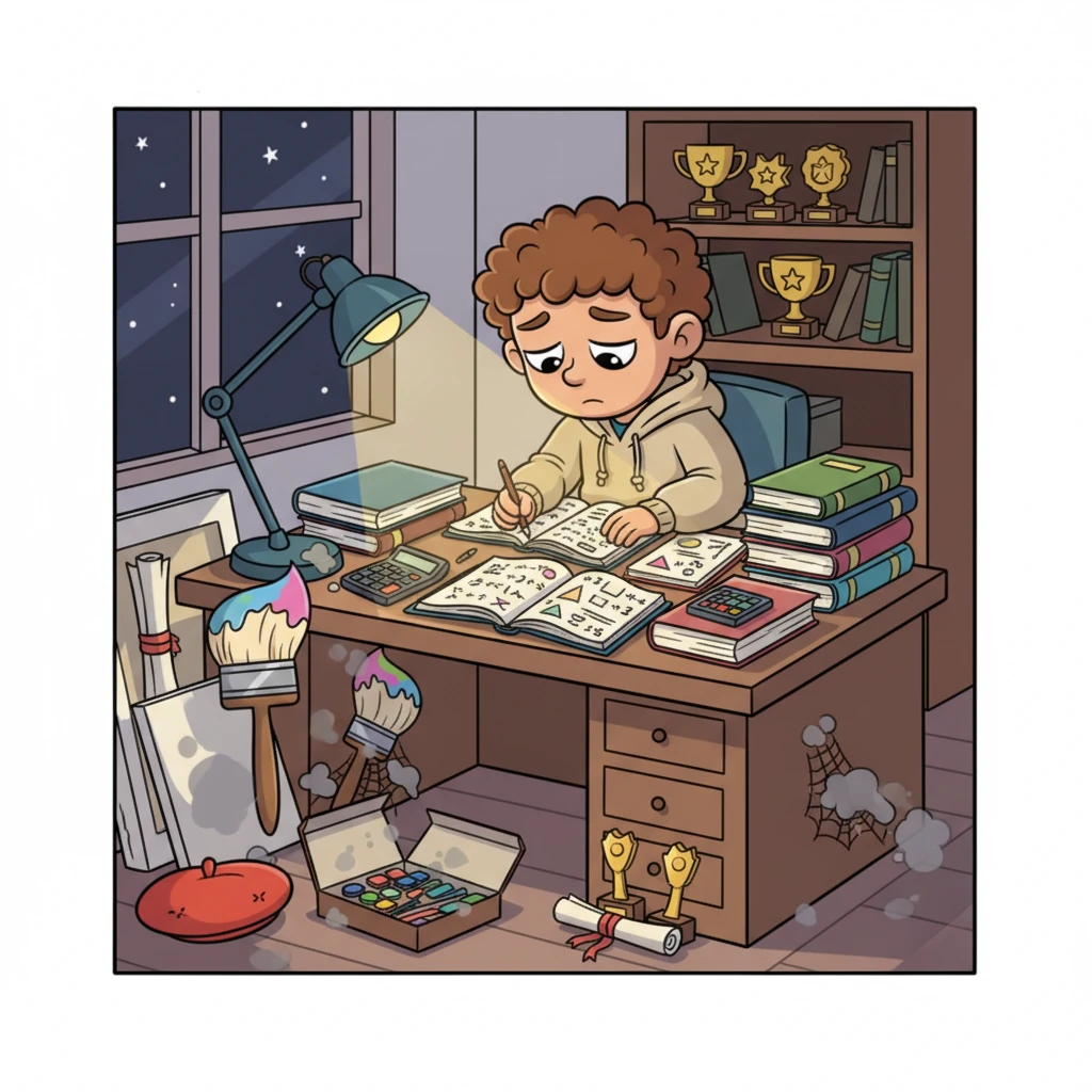 Years blurred into a montage of intense study sessions and late nights buried in books. Leo, no longer a carefree artist, sat hunched over a desk, surrounded by equations and academic accolades. His once-cherished art supplies lay forgotten and dusty in a corner, a silent testament to a dream set aside.