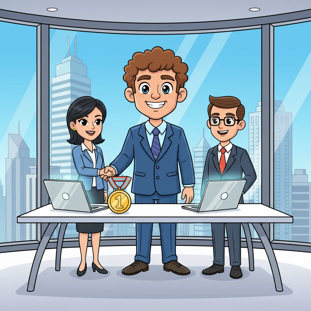 Adult Leo stood tall and confident in a gleaming skyscraper office, a gold medal proudly displayed on his sleek desk. He shook hands with important clients, a picture of corporate success and high achievement, surrounded by all the symbols of his high-profile tech career.