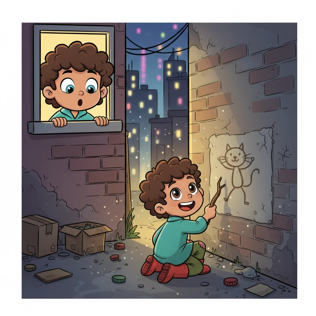 One evening, as city lights twinkled, Leo's eyes caught a peculiar sight far below in a dusty alley. A small, scruffy boy, his face alight with an infectious, pure grin, used a simple stick to scratch a lively figure onto a grimy, broken wall. The boy's joy was palpable, a stark contrast to Leo's quiet solitude.