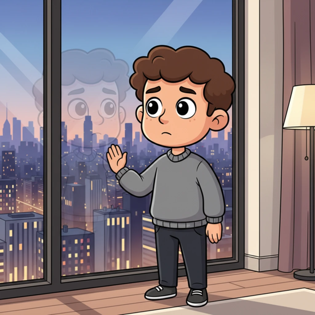The image of the drawing boy lingered in Leo's mind. Back inside his luxurious apartment, he stood by the window, not seeing the city, but lost in thought, his own reflection mirroring a pensive, slightly melancholic expression. The pure joy he witnessed had stirred something deep within him.