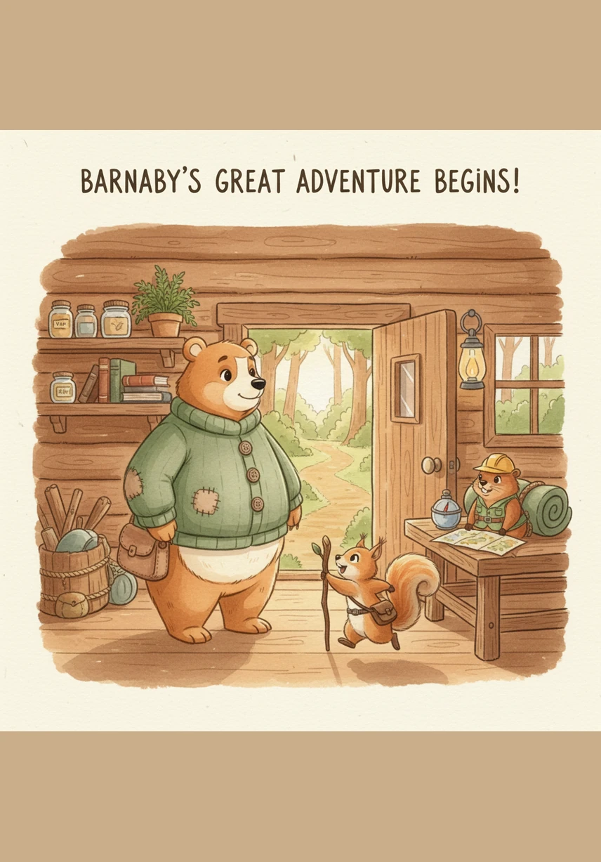 Barnaby the bear stretched his fuzzy arms as the morning sun filled his cozy cave with golden light. He put on his favorite blue backpack and stepped outside, ready for a day of discovery in the deep green forest.