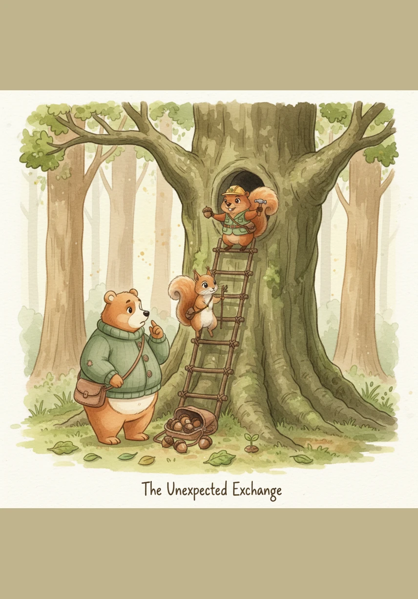 He soon met Pip the Squirrel, who was leaping from branch to branch with a bundle of acorns. Pip zoomed down to help, his bushy tail twitching with excitement as they looked for clues among the ancient trees.