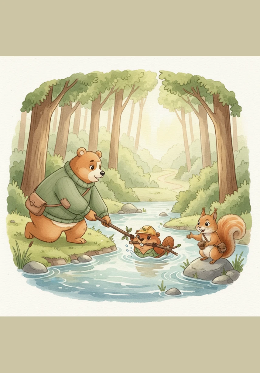 Bella the Beaver swam over with a friendly wave and used her strong tail to guide heavy logs into place. In no time, she had built a perfect bridge for the two adventurers to cross the bubbling stream.
