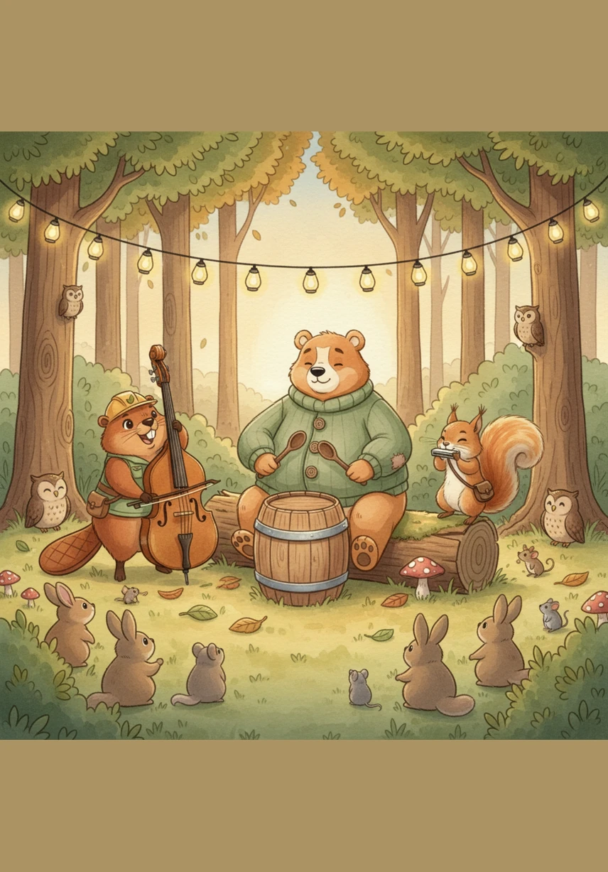 Barnaby, Pip, and Bella joined all the other animals as they played flutes, drums, and harps made of fallen wood. Barnaby drummed on a hollow log, keeping a perfect beat for his talented new friends.