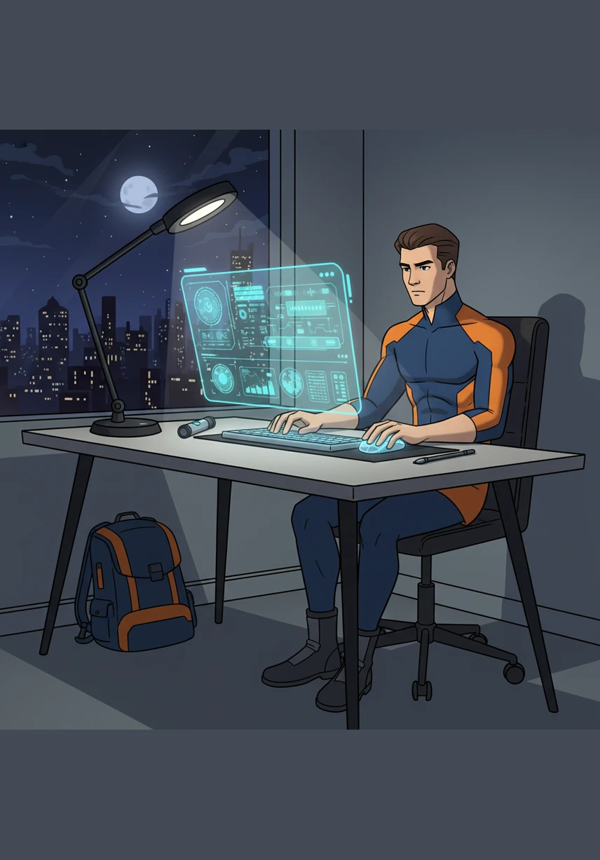 Julian sits at a sleek, modern desk under the soft glow of a desk lamp, feeling the weight of financial uncertainty. He looks at a scattered collection of paper receipts and realizes he needs more than just a budget; he needs a master system for true growth.