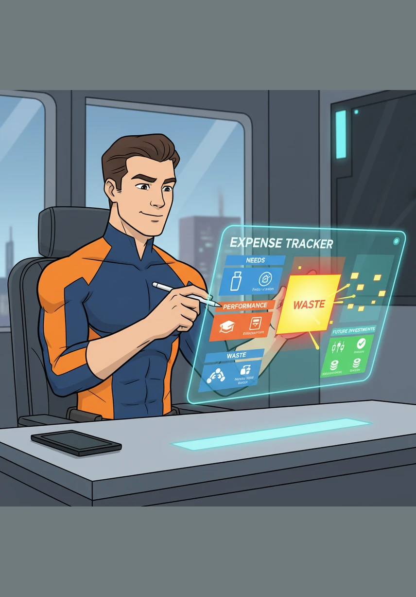 Using the Expense Tracker, Julian categorizes his spending into categories like Needs and Performance while a bright highlight exposes unnecessary Waste. He feels a newfound sense of control as he trims the fat to fuel his future investments.