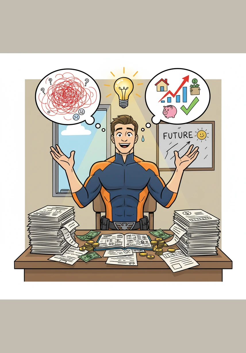 The design is minimal and modern, inspired by professional business analytics tools that strip away all unnecessary clutter. Every chart and color-coded cell provides instant clarity, turning raw numbers into a clear map of his financial destiny.