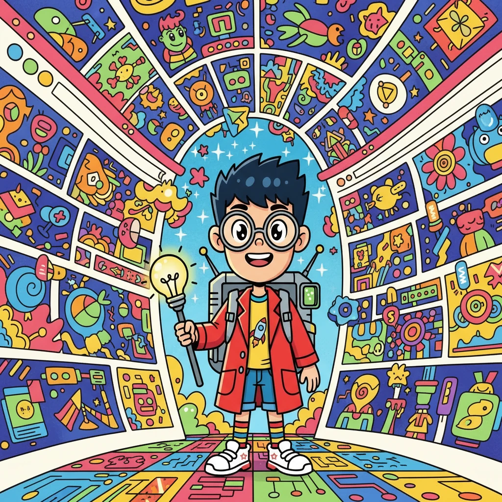 Genius 来到了一个色彩斑斓的网站，www.genstory.app，他惊讶地发现这里可以创造属于自己的故事！网站上充满了各种各样的奇妙图案和文字，仿佛一个巨大的游乐场正在等待着他。