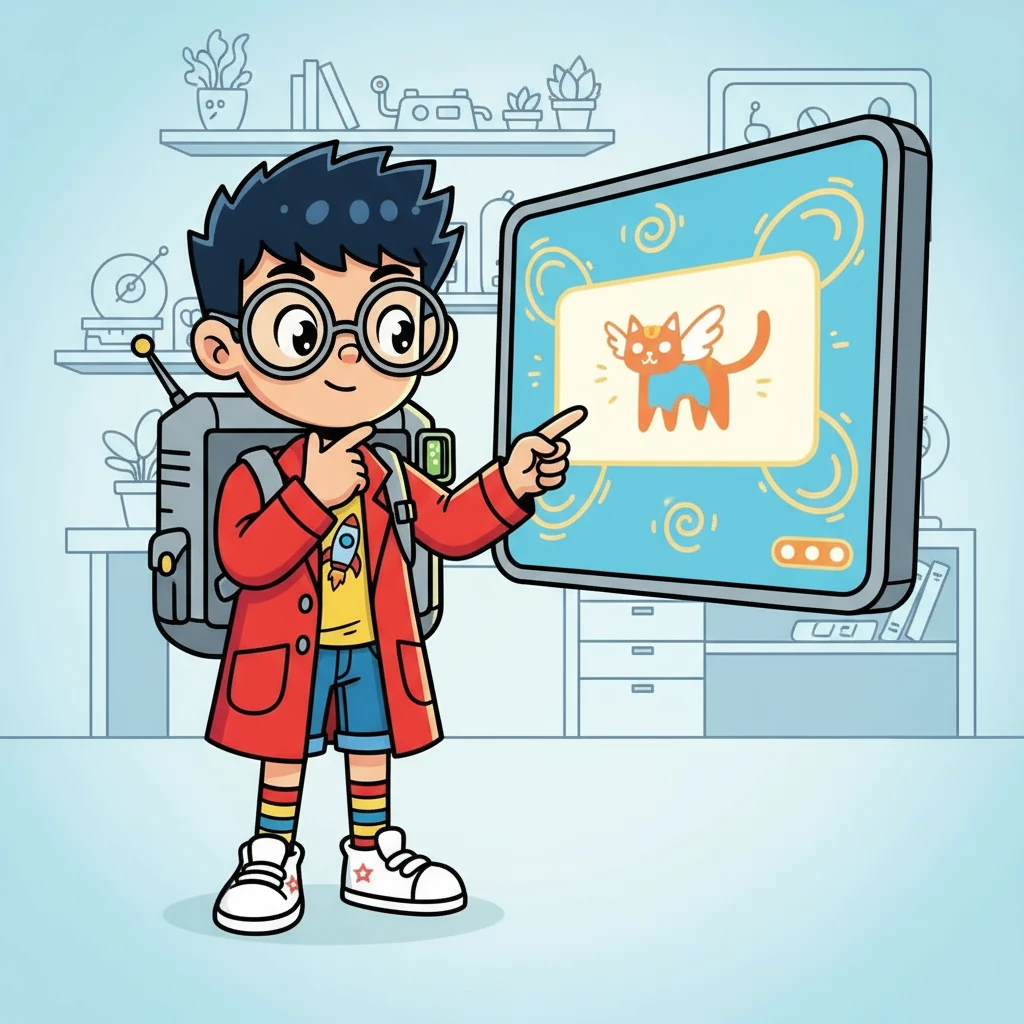 第一步，Genius 仔细观察网站，他发现了一个输入框。他想了想，决定输入“一只会飞的猫”。网站告诉他，输入提示词是开始创作的关键，就像魔法咒语一样！