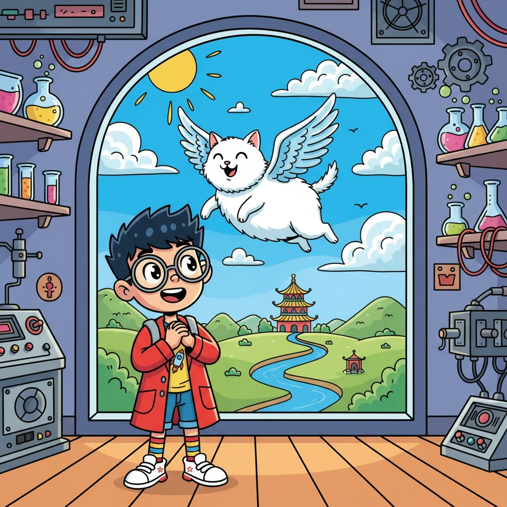 奇迹发生了！屏幕上出现了一幅美丽的插画，一只长着翅膀的猫咪在蓝天上飞翔。Genius 惊叹不已，他迫不及待地想看看接下来会发生什么。