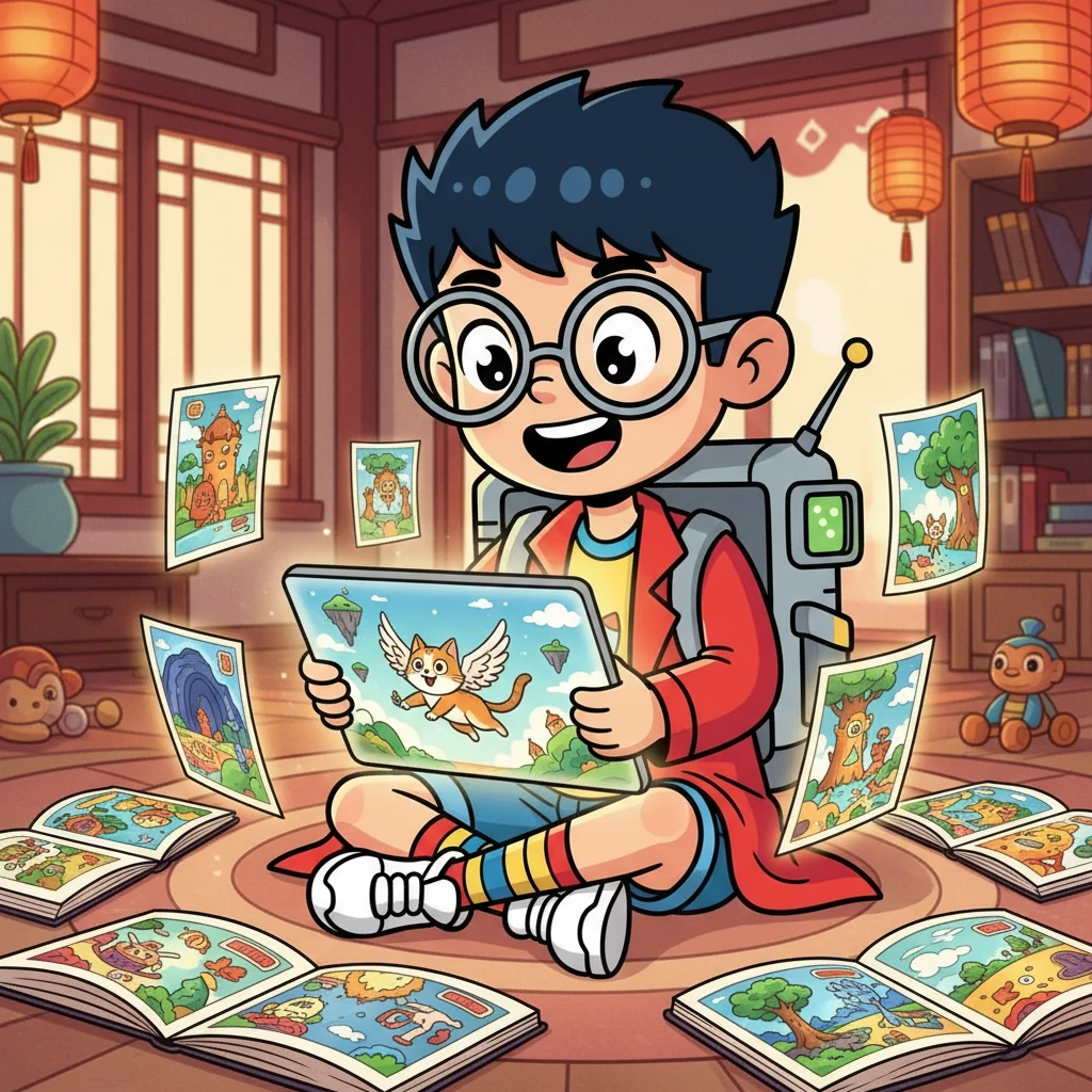 Genius 继续往下看，他发现网站为他生成了一整本绘本！每一个页面都充满了惊喜，每一张图片都栩栩如生，讲述着会飞的猫咪的冒险故事。