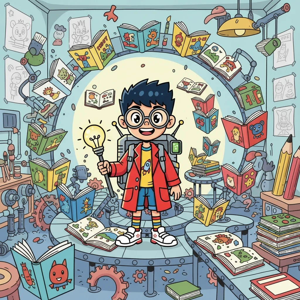 Genius 兴奋地发现，他还可以批量生成绘本！他可以一口气创作出许多故事，分享给他的朋友们，让他们也一起感受创作的乐趣。