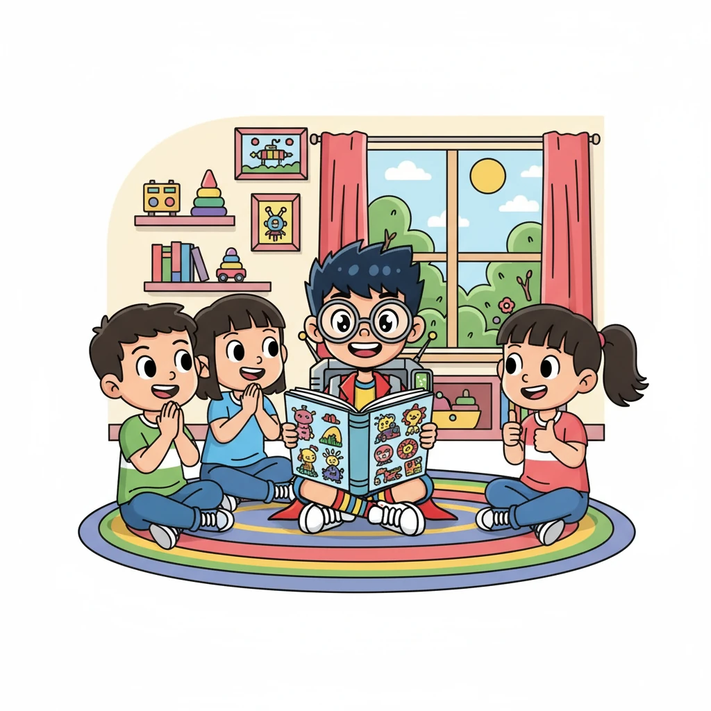 Genius 迫不及待地把他的绘本分享给了他的好朋友们。朋友们对这些充满想象力的故事赞不绝口，Genius 感到无比的自豪和快乐。