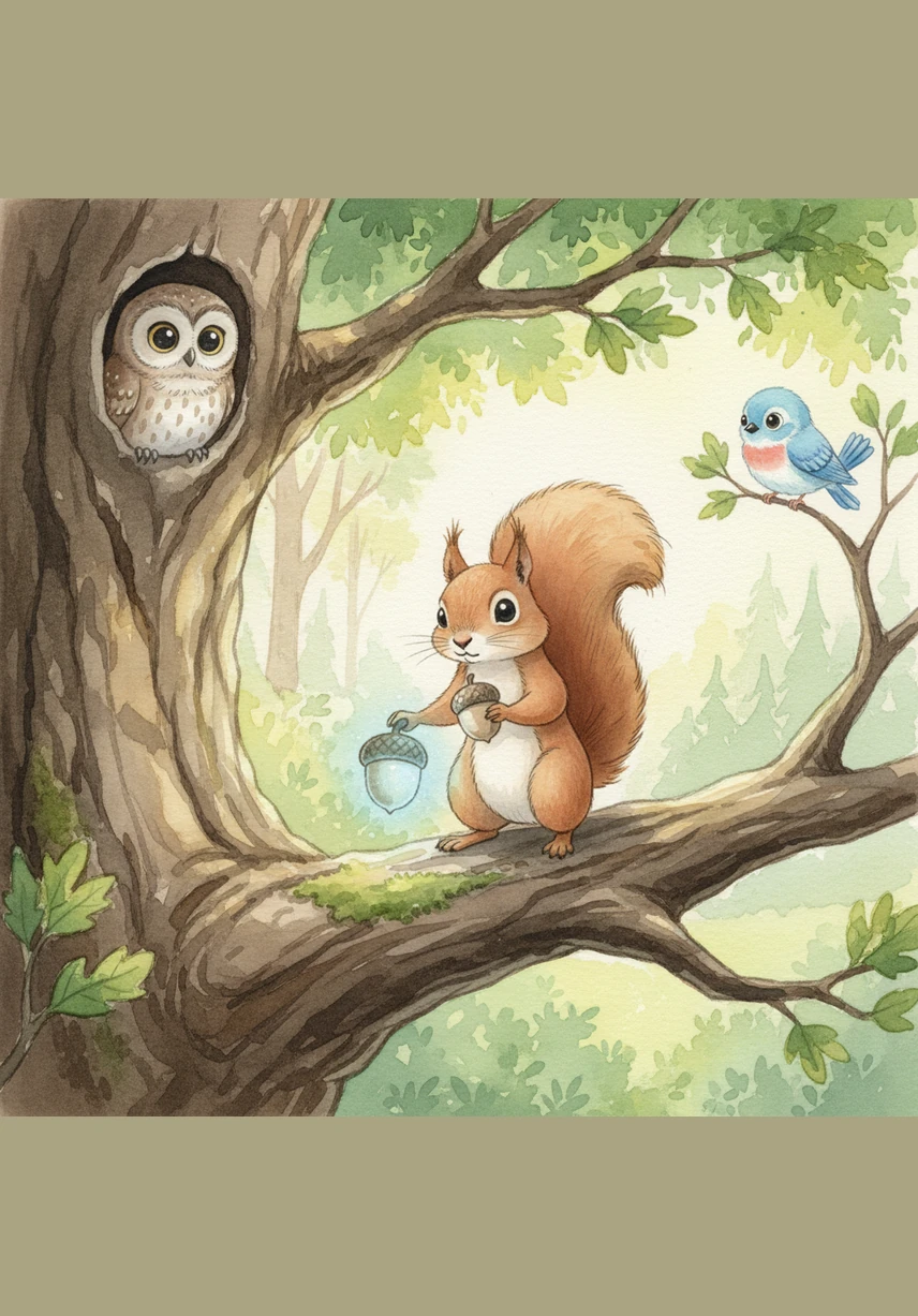 Sammy the Squirrel lived in the tallest oak tree in the Whispering Woods. One sunny morning, while searching for breakfast, he spotted a mysterious nut that shimmered with a soft blue light.