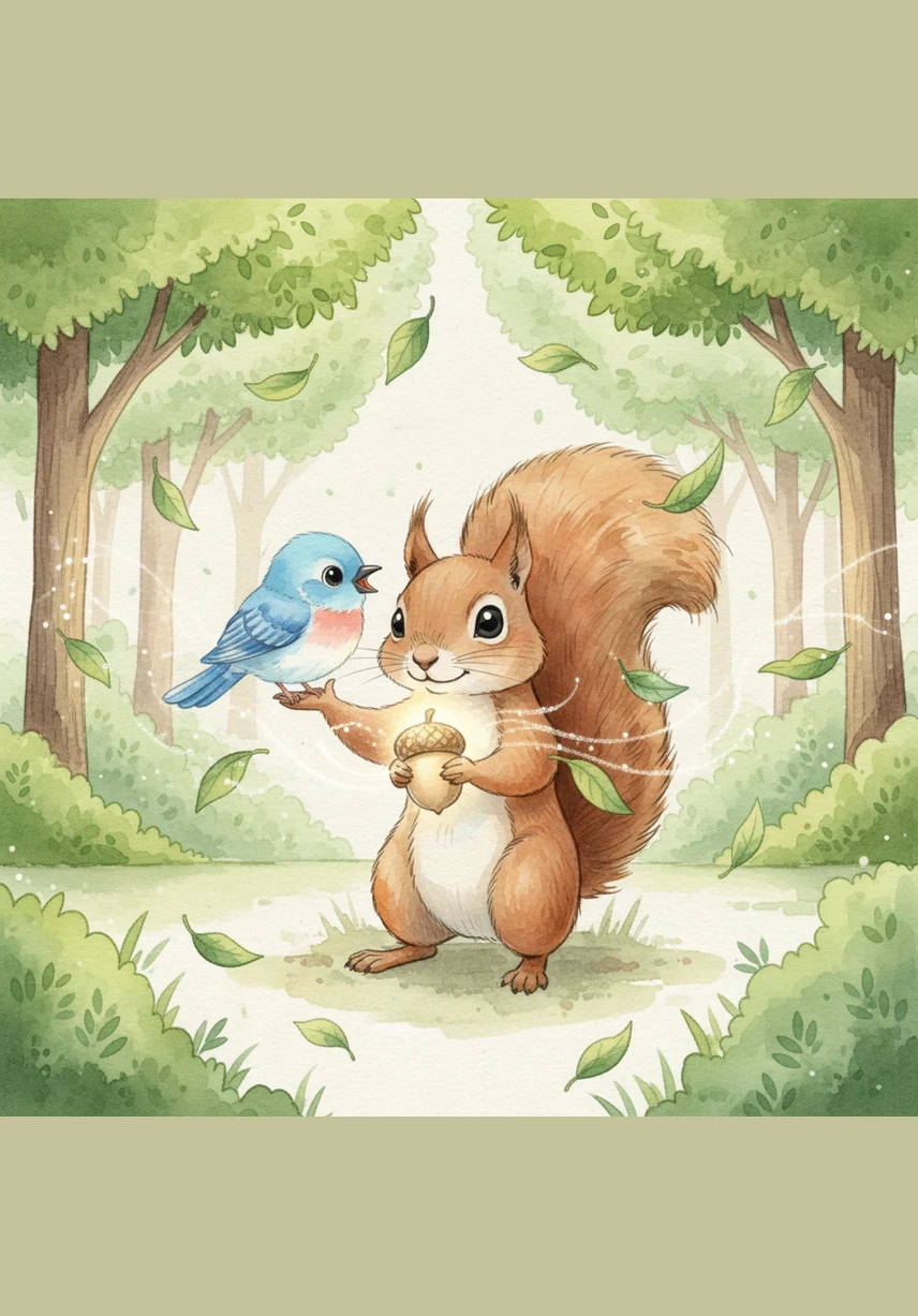 Curious, Sammy picked up the glowing acorn and showed it to his best friend, Pip the bluebird. As Pip chirped in wonder, the acorn began to hum a gentle, musical tune that made the forest leaves dance.