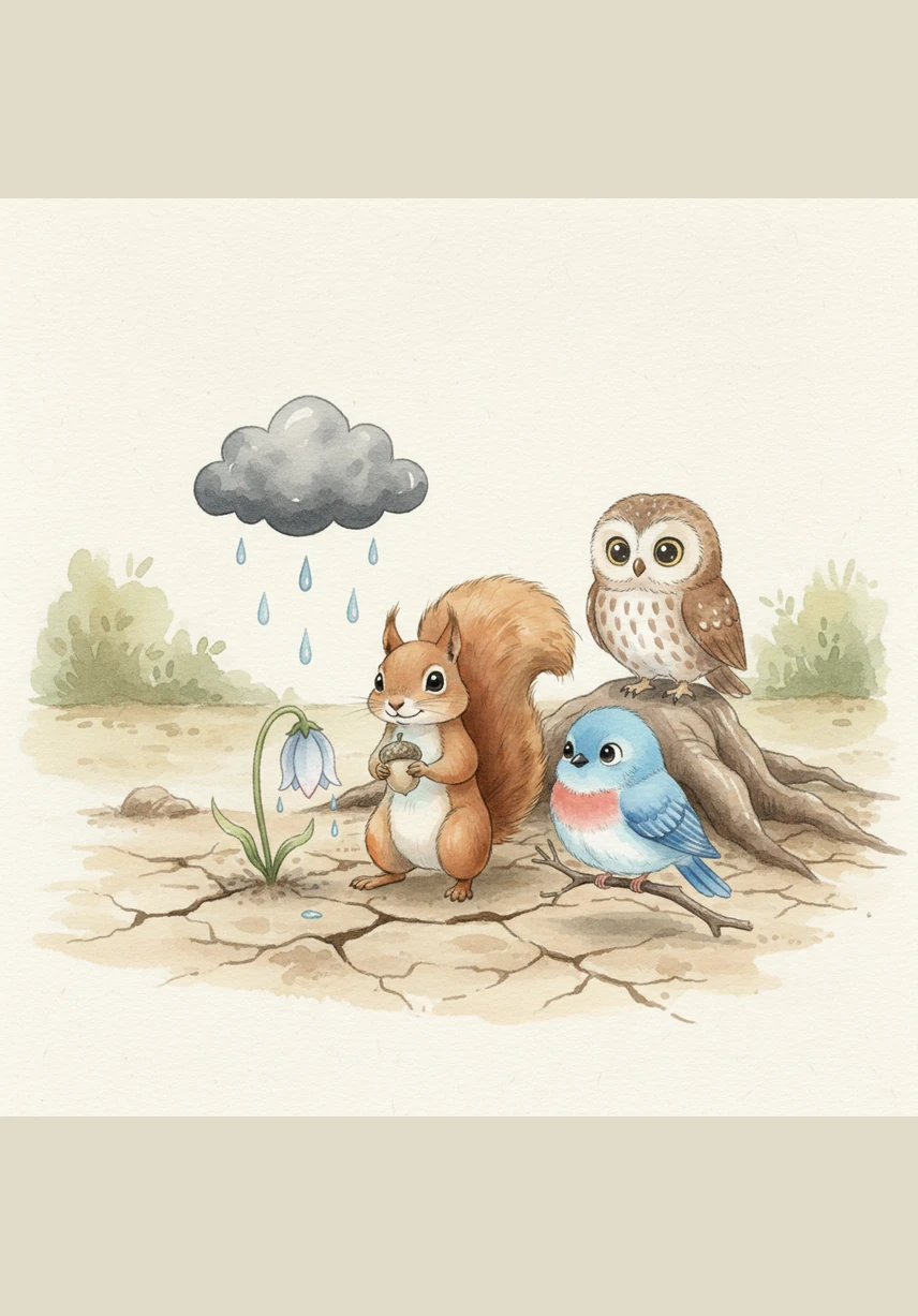 They came across a tiny, wilting flower in a dry patch of earth far from the stream. When Sammy held the acorn close, a miniature rain cloud appeared and gave the thirsty petals a refreshing drink.