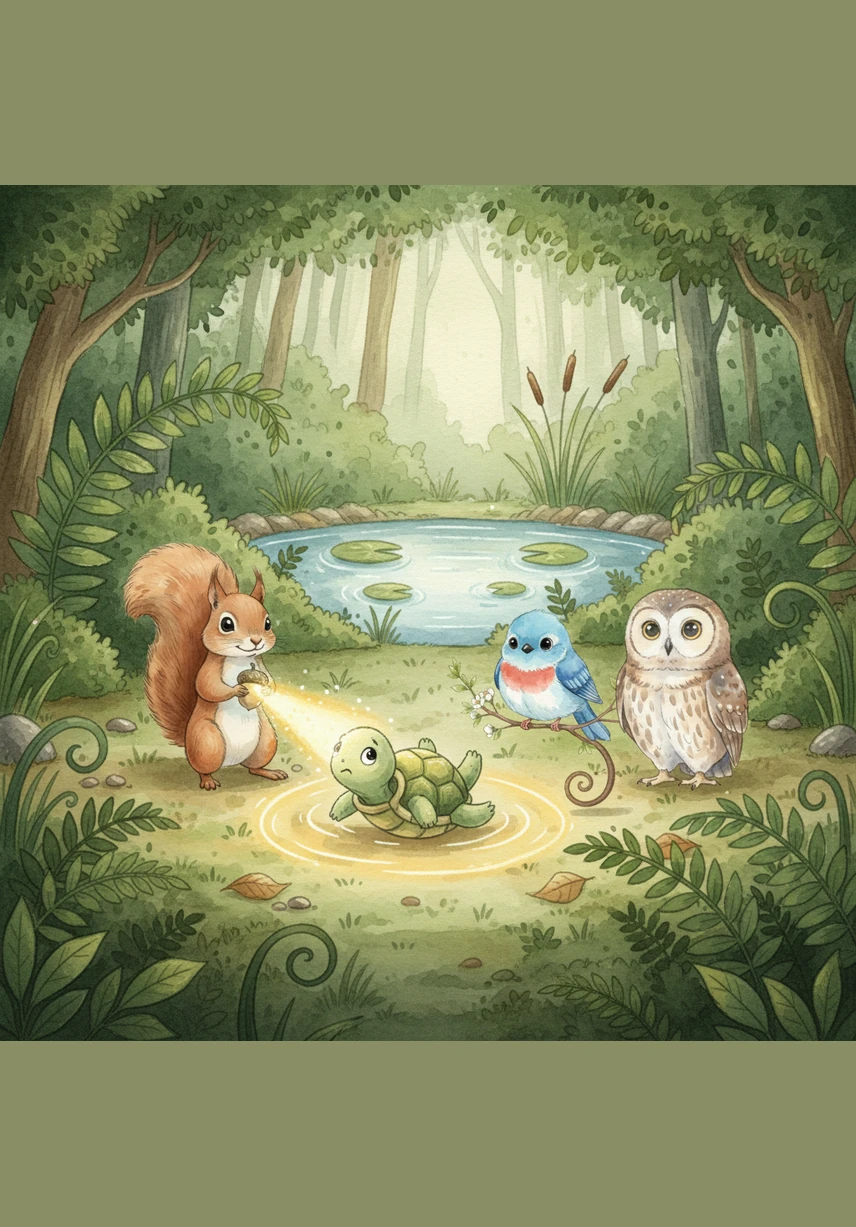 Deep in the ferns, they met Toby the Turtle, who was spinning in circles because he had lost his way home. The glowing acorn let out a bright beam of light, pointing like a compass toward Toby’s pond.