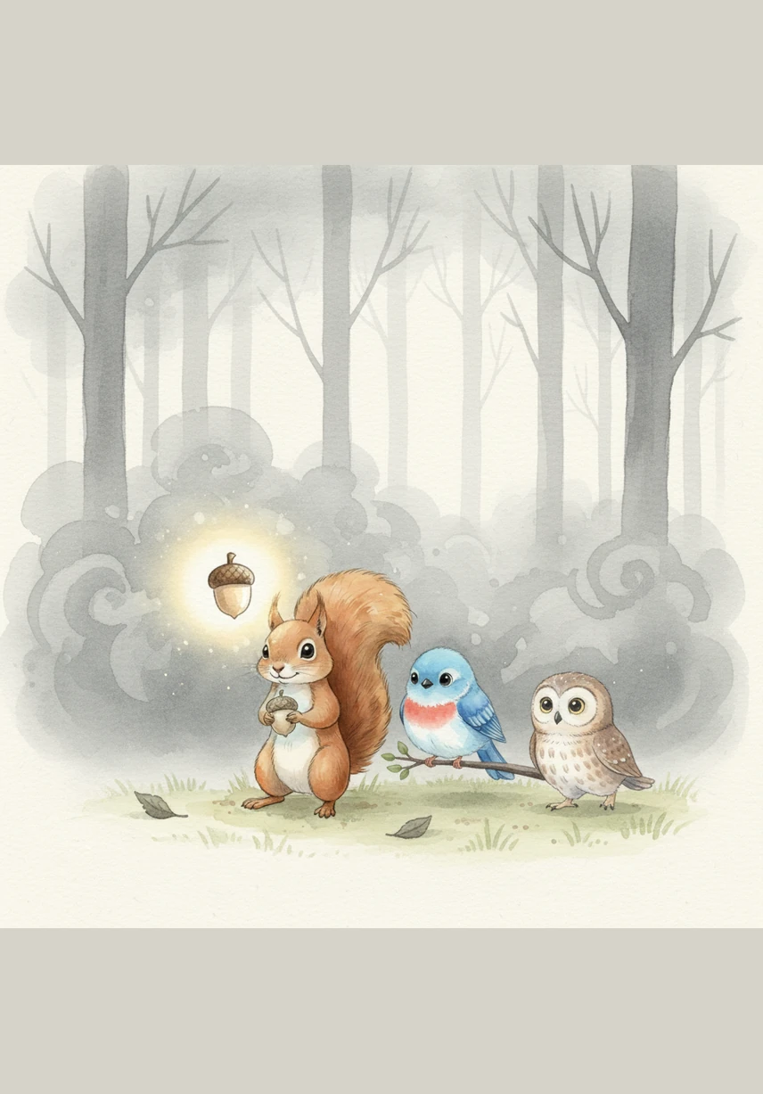 Suddenly, a thick, gray fog rolled through the trees, making it hard for the forest animals to see. Sammy held the acorn high, and its brilliant light acted like a lantern to guide everyone safely back to their burrows.