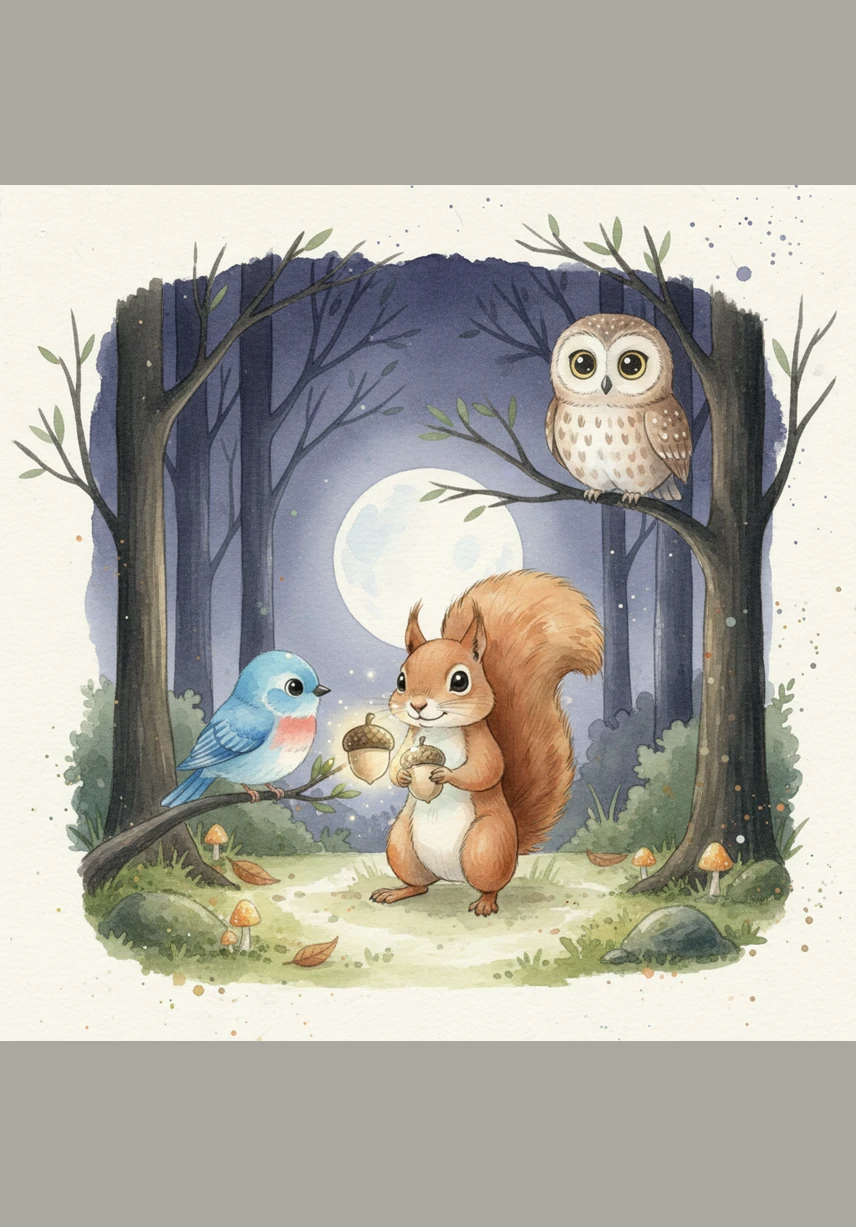 The forest suddenly erupted in a spectacular glow as the acorn shined brighter than the full moon. Every animal felt the warmth of Sammy’s kindness, and the woods were no longer dark or scary for anyone.
