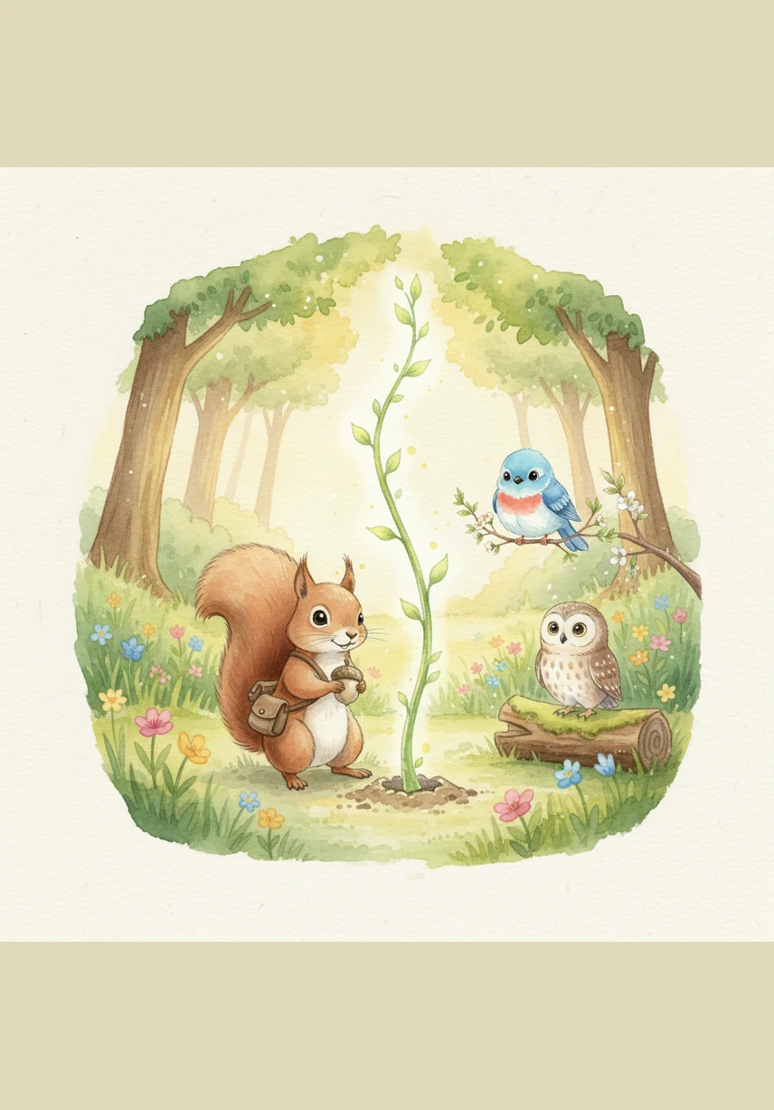 Sammy planted the magical acorn in the center of the meadow, where a beautiful tree with silver leaves began to grow. Now, the Whispering Woods would always be filled with light and friendship for all the animals to share.