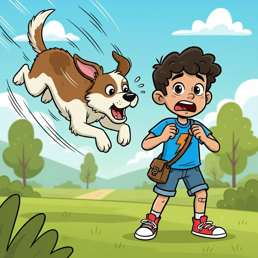 The dog, a blur of brown and white fur, charged towards Jeremy, its barks growing louder with each stride. Jeremy's heart leaped into his throat as he realized the dog was running directly at him. He knew he had to get away, but where could he go?