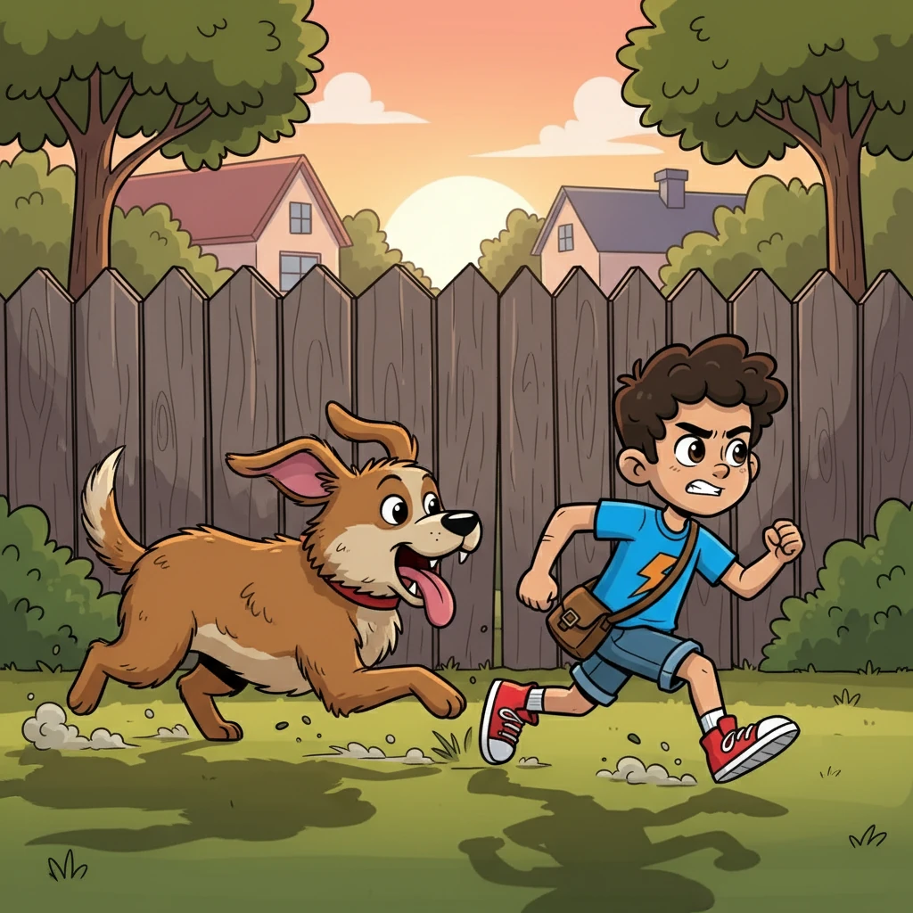 Scanning his surroundings, Jeremy's eyes landed on a tall, wooden fence separating the yards. It was his only hope. He sprinted, his legs pumping, the dog's heavy panting growing closer with every step.