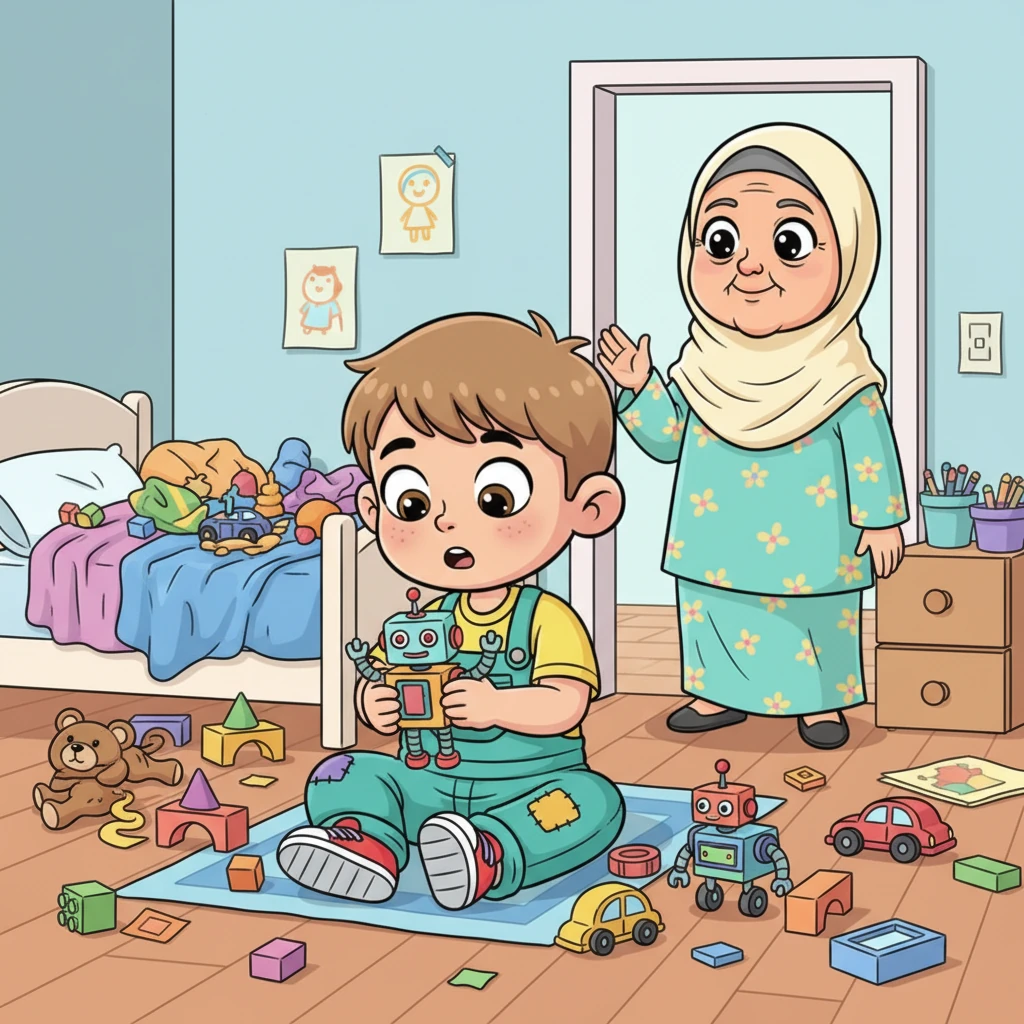 Rian bermain riang dengan robot-robotnya di tengah kamar yang berantakan, sementara ibunya tersenyum lembut dari pintu, mencoba memanggilnya untuk makan siang. Mata Rian yang besar dan bersemangat hanya terpaku pada mainannya, seolah dunia lain tidak ada. Pakaiannya yang berwarna cerah kontras dengan tumpukan mainan di sekitarnya.