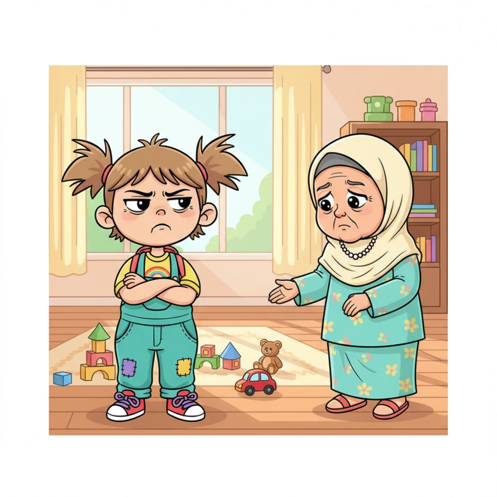 Ibu Rian mendekat dan meminta tolong untuk merapikan mainannya sebelum makan. Dengan wajah cemberut dan tangan bersedekap, Rian menjawab dengan nada ketus, "Nanti saja, Bu! Aku masih sibuk!" Wajah ibunya sedikit muram mendengar nada bicara Rian yang tidak sopan.