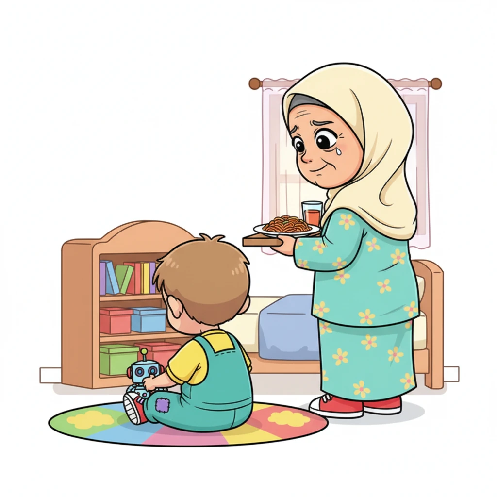 Ibu Rian terlihat memunggungi anaknya, bahunya sedikit merosot, memegang nampan makanan yang sudah dingin. Meskipun sedih, ia tetap menyiapkan makanan Rian dengan penuh kasih, mencoba menyembunyikan kekecewaannya di balik senyum tipis yang dipaksakan. Rian tidak menyadari kesedihan ibunya, sibuk dengan dunianya sendiri.