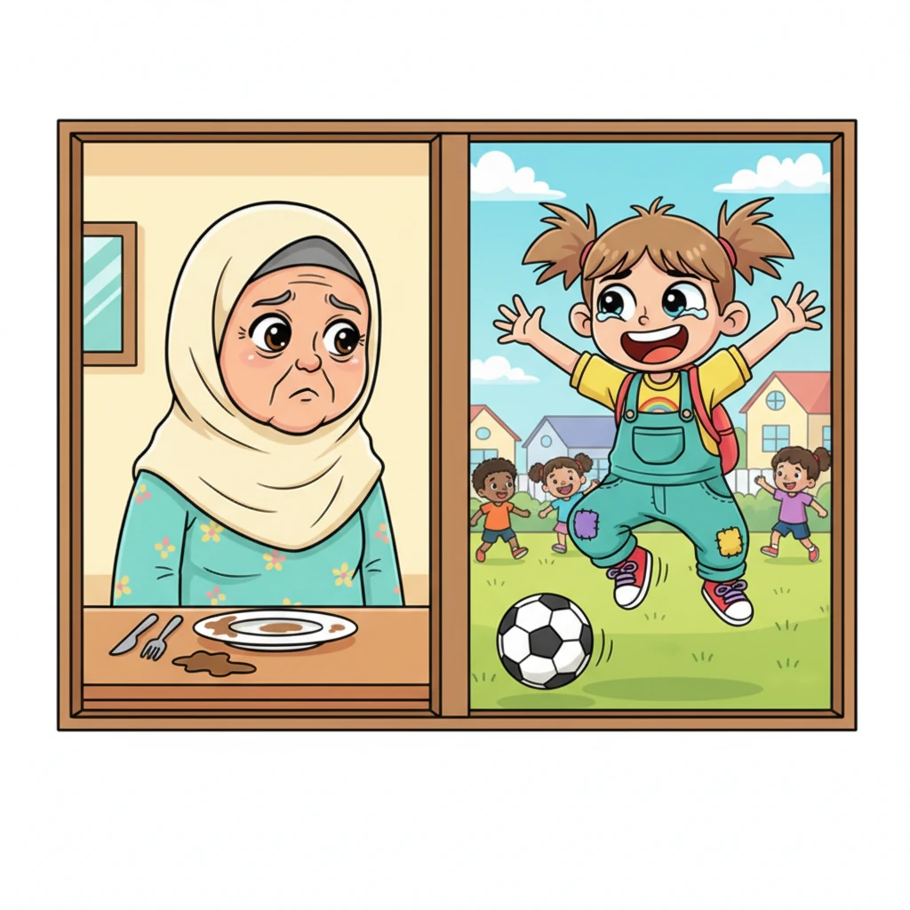 Setelah makan tanpa sepatah kata pun, Rian segera berlari keluar rumah untuk bermain bola dengan teman-temannya, meninggalkan piring kotor di meja. Ia melompat-lompat gembira, melupakan semua perkataan ibunya, dan bahkan tidak berpamitan. Ibunya hanya bisa memandanginya dari jendela dengan tatapan khawatir.