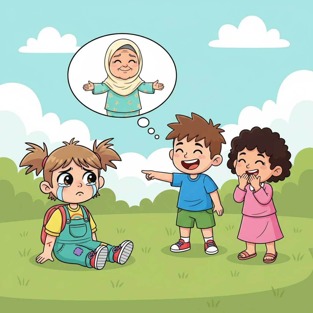 Saat asyik bermain, Rian terpeleset dan jatuh, lututnya sedikit tergores. Teman-temannya menertawakan, dan Rian merasa sangat sedih dan kesepian, merindukan pelukan hangat ibunya yang selalu siap mengobati lukanya. Air mata mulai menggenang di sudut matanya yang besar.