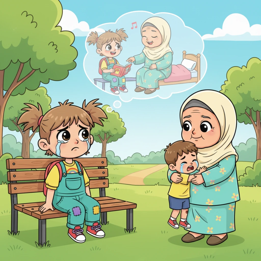 Rian duduk sendirian di bangku taman, melihat seorang anak kecil digendong dan dipeluk erat ibunya setelah terjatuh. Pemandangan itu membuat hati Rian terasa perih. Ia teringat bagaimana ibunya selalu sabar mengajarinya membaca dan menyanyikan lagu pengantar tidur setiap malam.