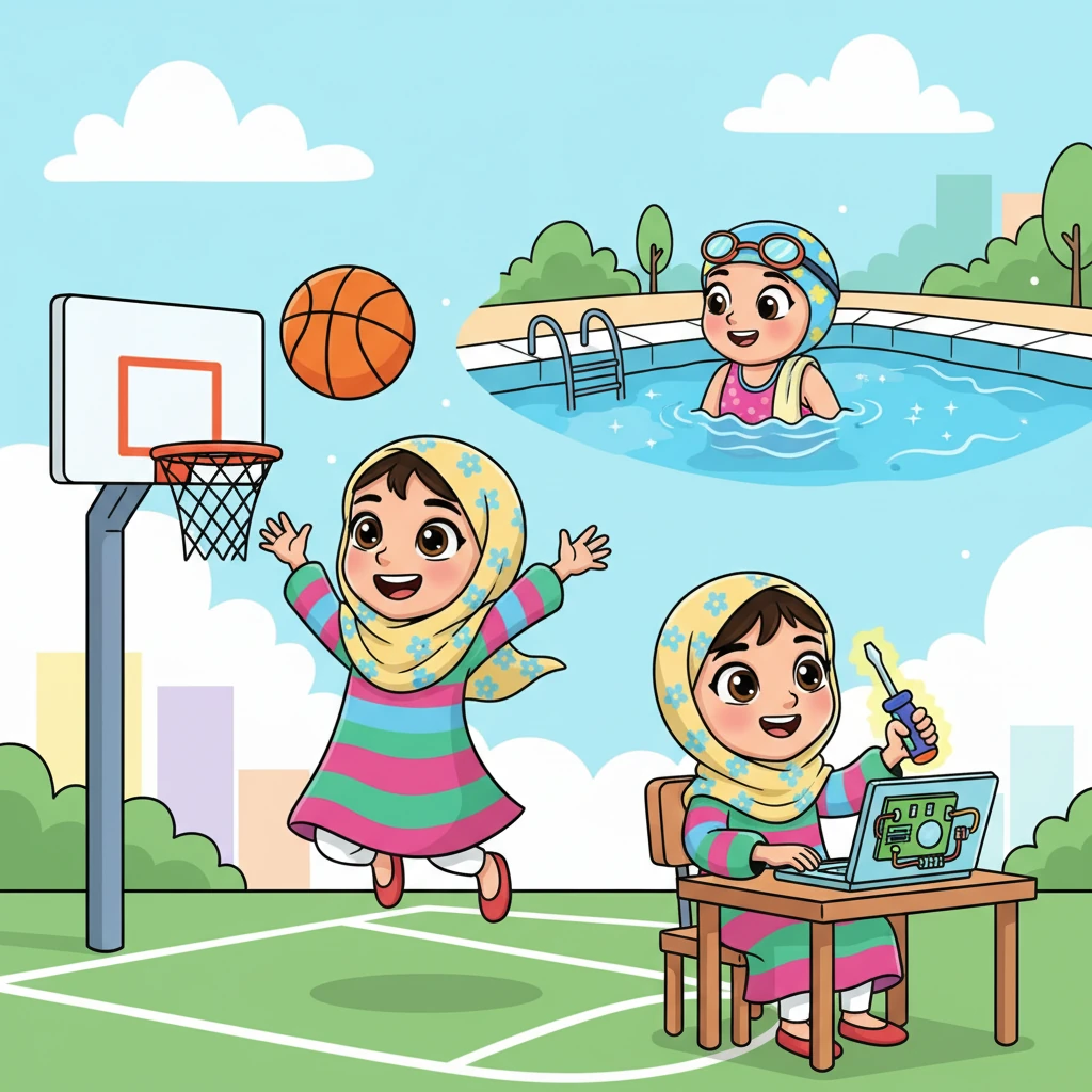 فاطمة فتاة نشيطة ومرحة، عيناها تلمعان بفضول لا ينتهي. كانت تحب تعلم كل شيء جديد، من السباحة السريعة في المسبح إلى تسجيل الأهداف بكرة السلة في الملعب، وحتى فك أسرار الحاسوب. كانت ترتدي حجابها الملون الأنيق بفخر، وتزهو بأخلاقها الجميلة التي تعلمتها من دينها الحنيف.